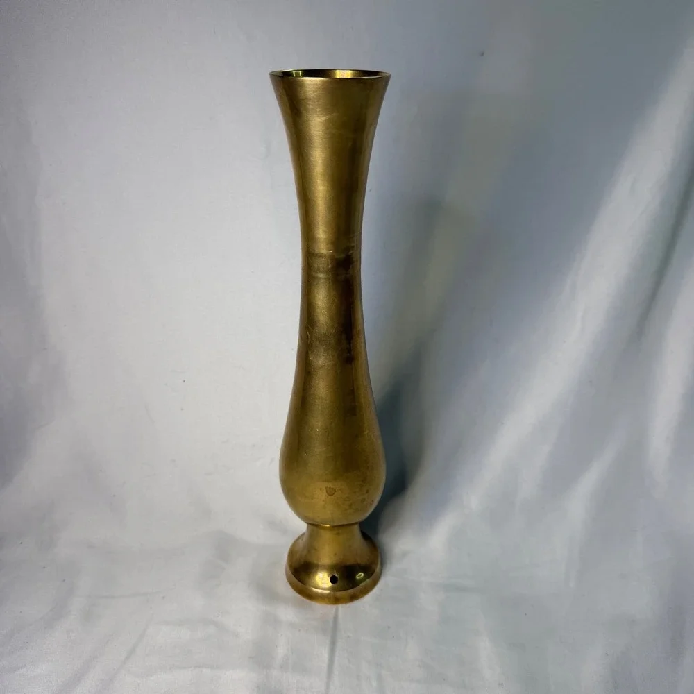 Vintage Solid Brass Bud Vase Tall Slender Gold Tone Flower Holder 12.75 Inch